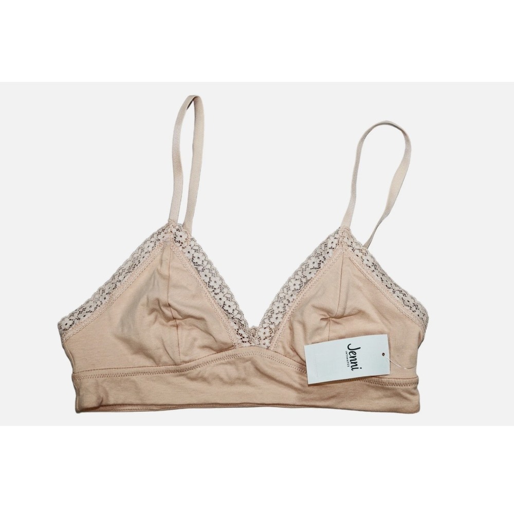 Jenni Intimates Bralette Nude Tan Lace Trim Triangle Wireless Bra Cotton NWT